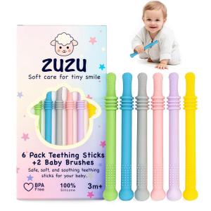 imageBabies Teether Teething Toys Montessori Toy Teethers for 036 Months Infant Sensory Relief Teething Stick Toys Parent Baby Essentials Baby Gift Teether BPAFree FoodGrade Silicone 6 Pack