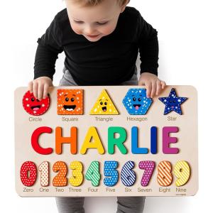 imageCustom Handmade Puzzles for Toddlers Multi Color Scheme Options Wooden Name Puzzle Easter Gifts New Baby Gifts Birthday Gift for Baby Kid Toddler Toddler ToyPuzzle with Numbers and Shapes