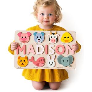 imageHandmade Wooden Name Puzzle Personalized Birthday Gift for Kids Toddler Toys Baby Gift Busy Board PuzzlePuzzle with Animals