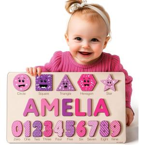 imageHandmade Wooden Name Puzzle Personalized Birthday Gift for Kids Toddler Toys Baby Gift Busy Board PuzzlePuzzle with Numbers and Shapes