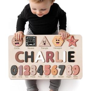 imagePuzzles for Toddlers Boy and Girl Personalized Name Puzzle 12 Month Toy Gifts for 0 1 2 3 Years Old Baby Gifts Baby Shower Christmas NewBaby Gift 0 3 6 9 12 18 24 36 MonthsPuzzle with Numbers and Shapes